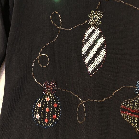 Black Slinky Knit Beaded Shirt Christmas Balls Ornaments Long Sleeve Size Medium - Picture 3 of 16